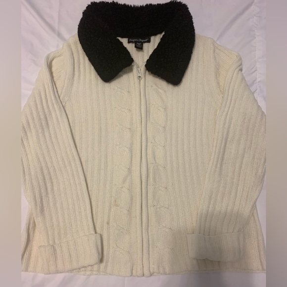 Designers Original Winter White and Black Sweater Jacket Zip Faux Fur Collar - Picture 5 of 8
